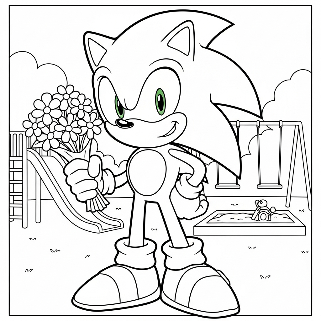 Desenho de Sonic para colorir segurando buquê de flores no playground com escorregador