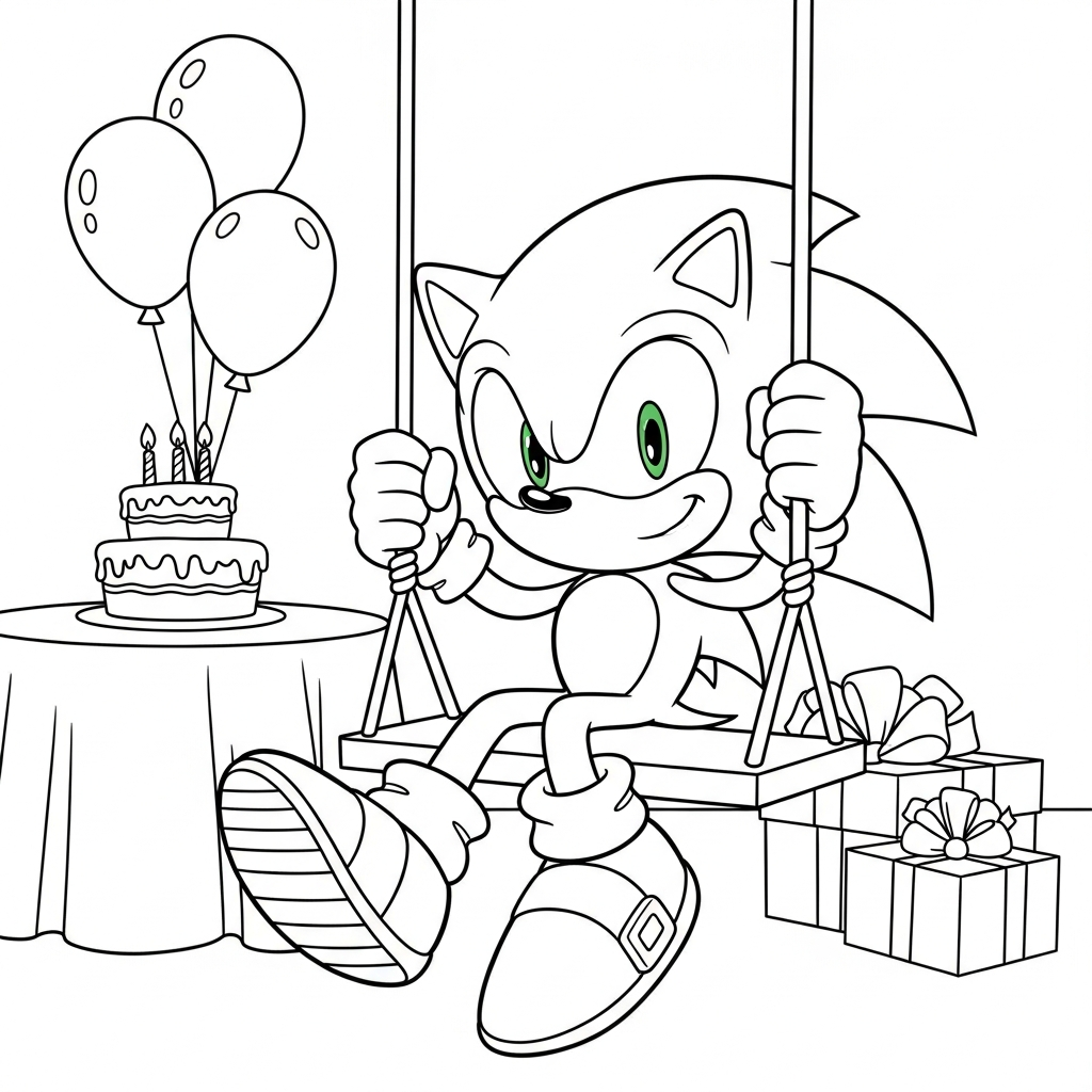Desenho de Sonic para colorir sentado em balanço numa festa de aniversário.