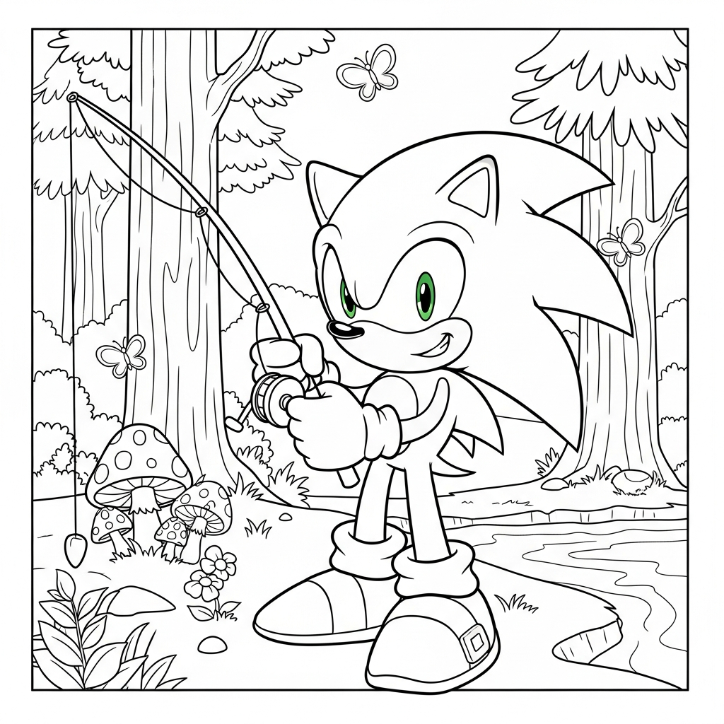 Desenho de Sonic para colorir pescando com vara na floresta com cogumelos e borboletas
