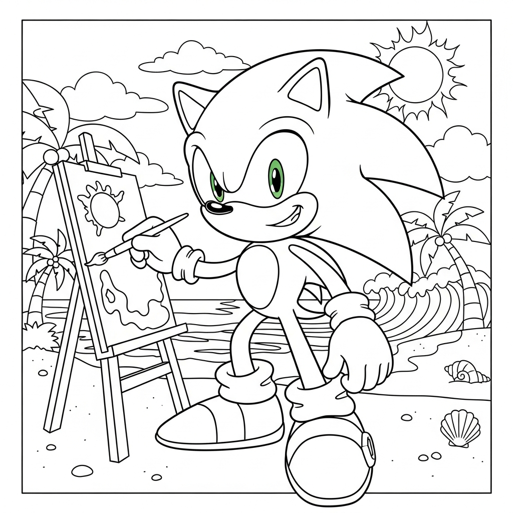 Desenho de Sonic para colorir pintando em cavalete na praia com palmeiras