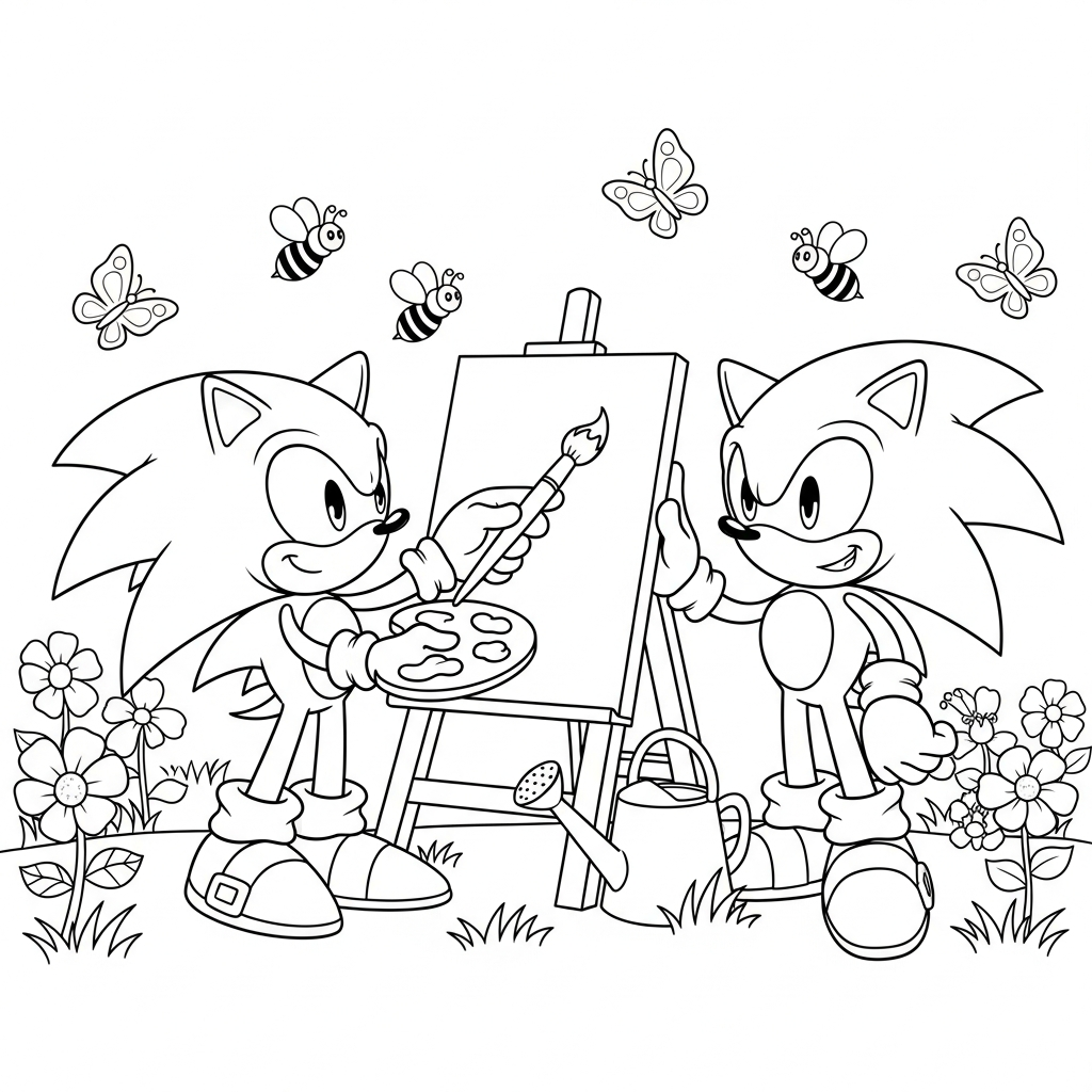 Desenho de Sonic para colorir pintando em cavalete no jardim com flores e abelhas.