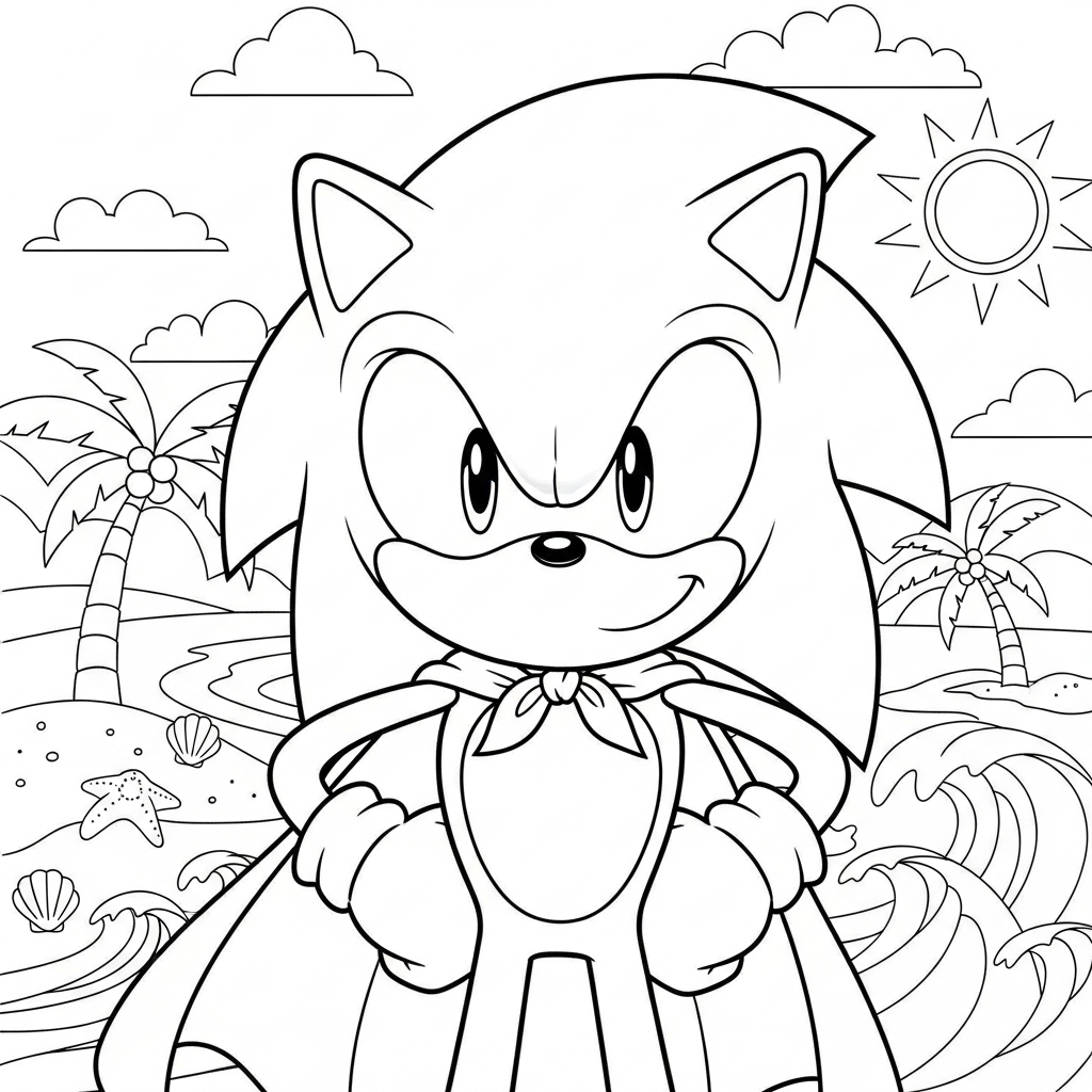 Desenho de Sonic para colorir usando capa de super-herói na praia com palmeiras.