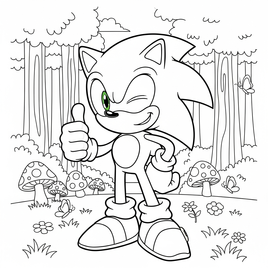 Desenho de Sonic para colorir piscando o olho com joinha na floresta.