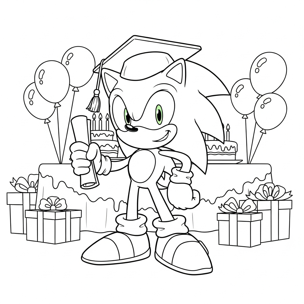 Desenho de Sonic para colorir usando capelo de formatura em festa de aniversário
