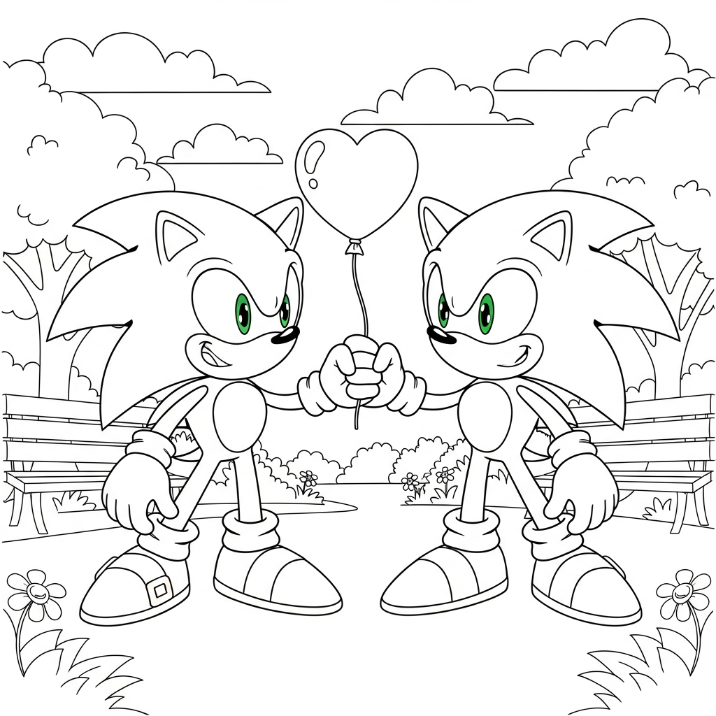 Desenho de sonic para colorir segurando balão de coração em parque ensolarado.