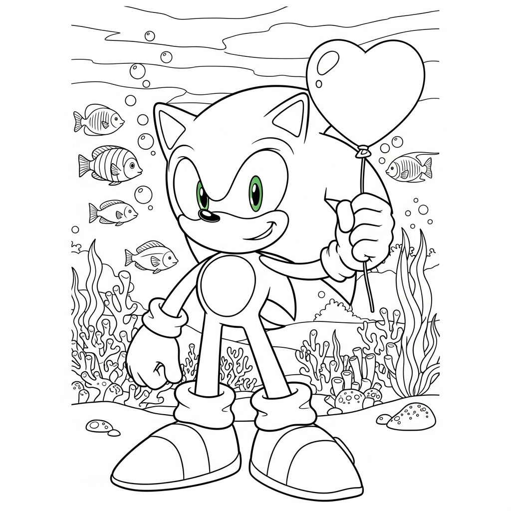 Desenho de Sonic para colorir segurando balão de coração no fundo do mar.
