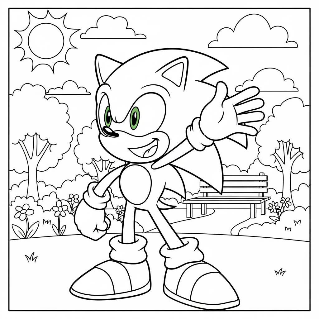 Desenho de Sonic para colorir bocejando e se espreguiçando em parque ensolarado com árvores.