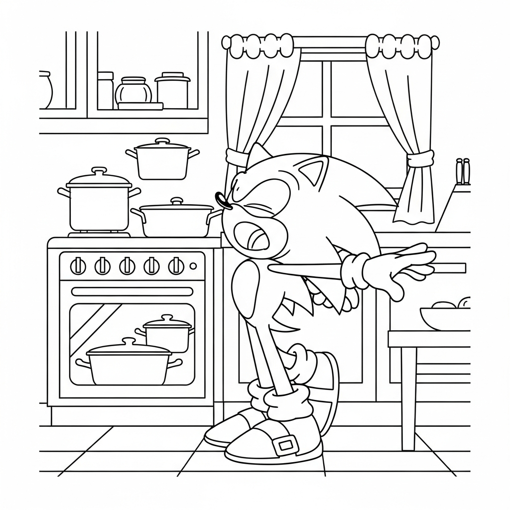 Desenho de Sonic para colorir bocejando e se espreguiçando na cozinha com forno e panelas.