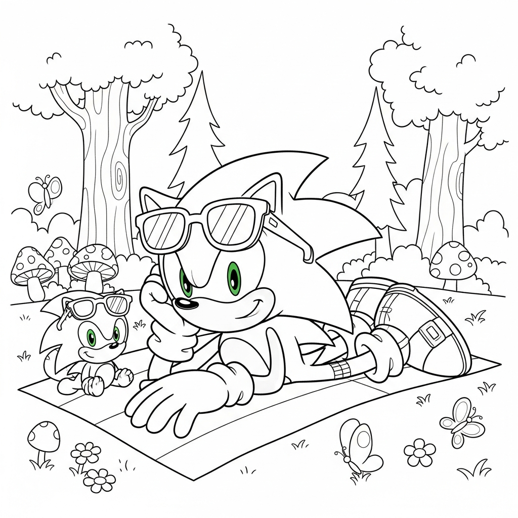 Desenho de Sonic para colorir usando óculos de sol na praia com cogumelos.