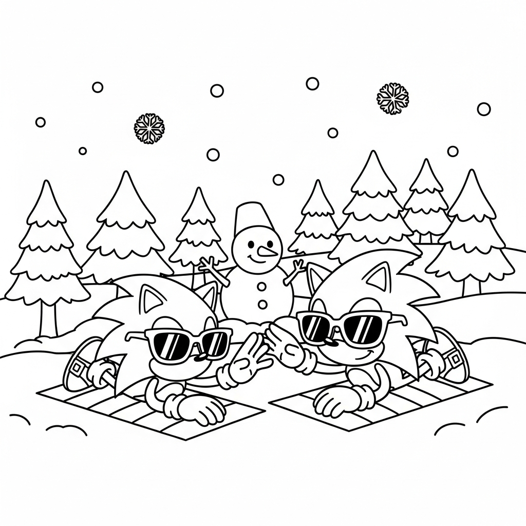 Desenho de Sonic para colorir usando óculos de sol na praia nevada com pinheiros