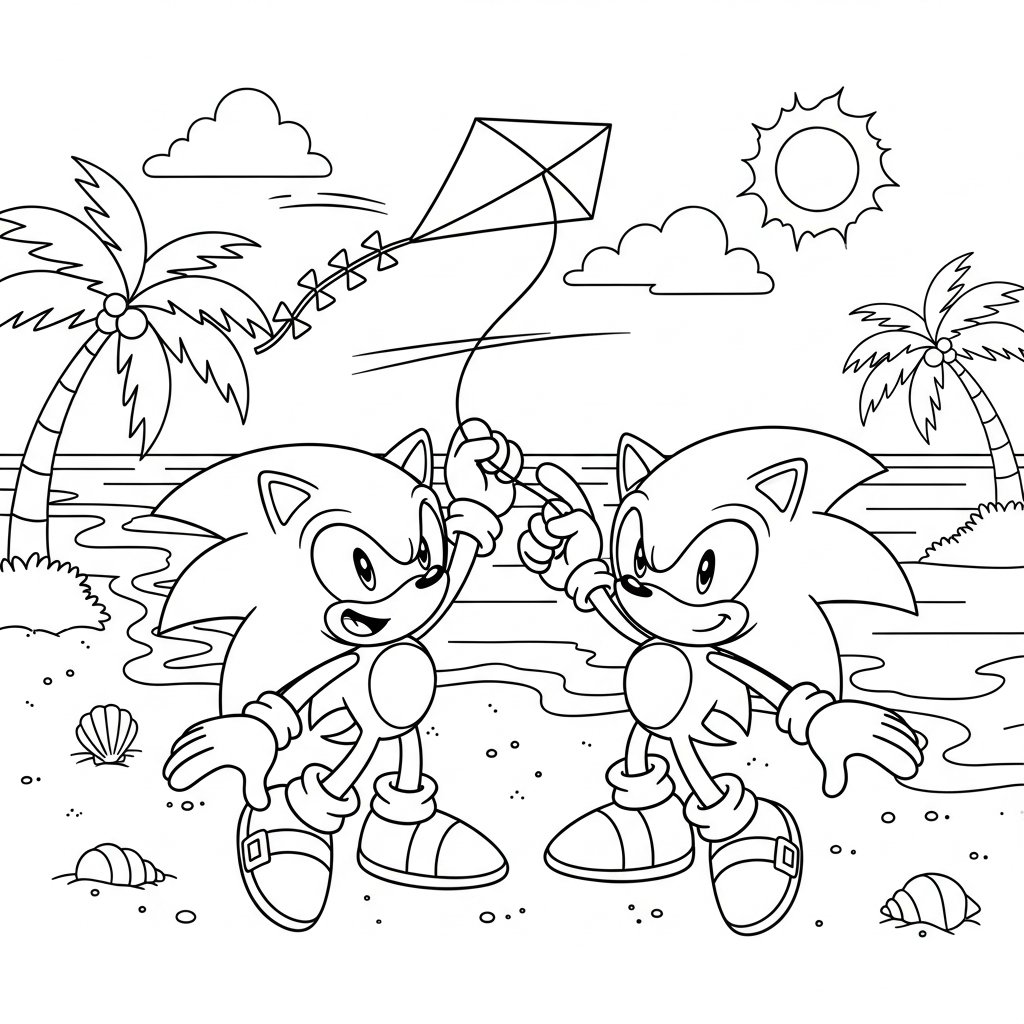 Desenho de Sonic para colorir segurando pipa na praia com palmeiras.