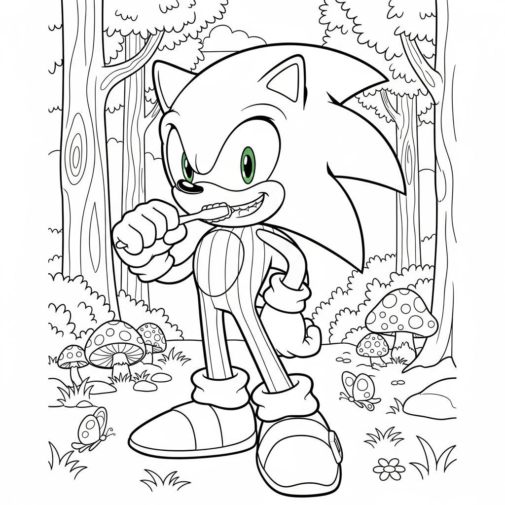 Desenho de sonic para colorir de pijama escovando os dentes na floresta com cogumelos.