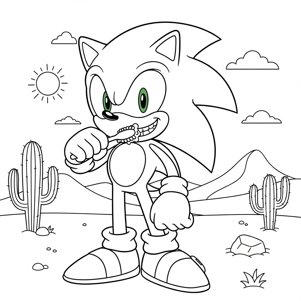 Desenho de Sonic para colorir de pijama escovando os dentes no deserto com cactos
