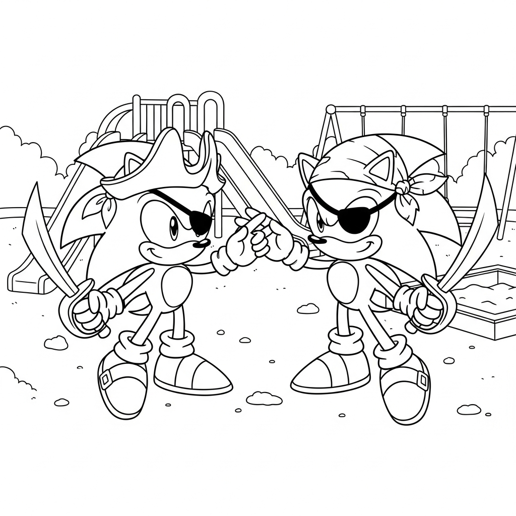 Desenho de Sonic para colorir usando chapéu de pirata e tapa-olho no playground.