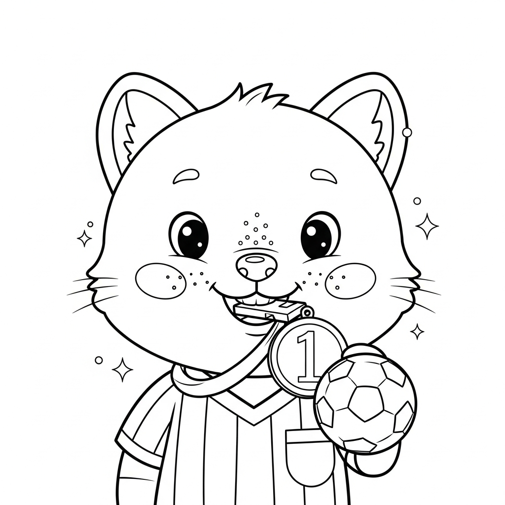 Desenho de apito-árbitro para colorir mordendo medalha de ouro com troféu decorativo