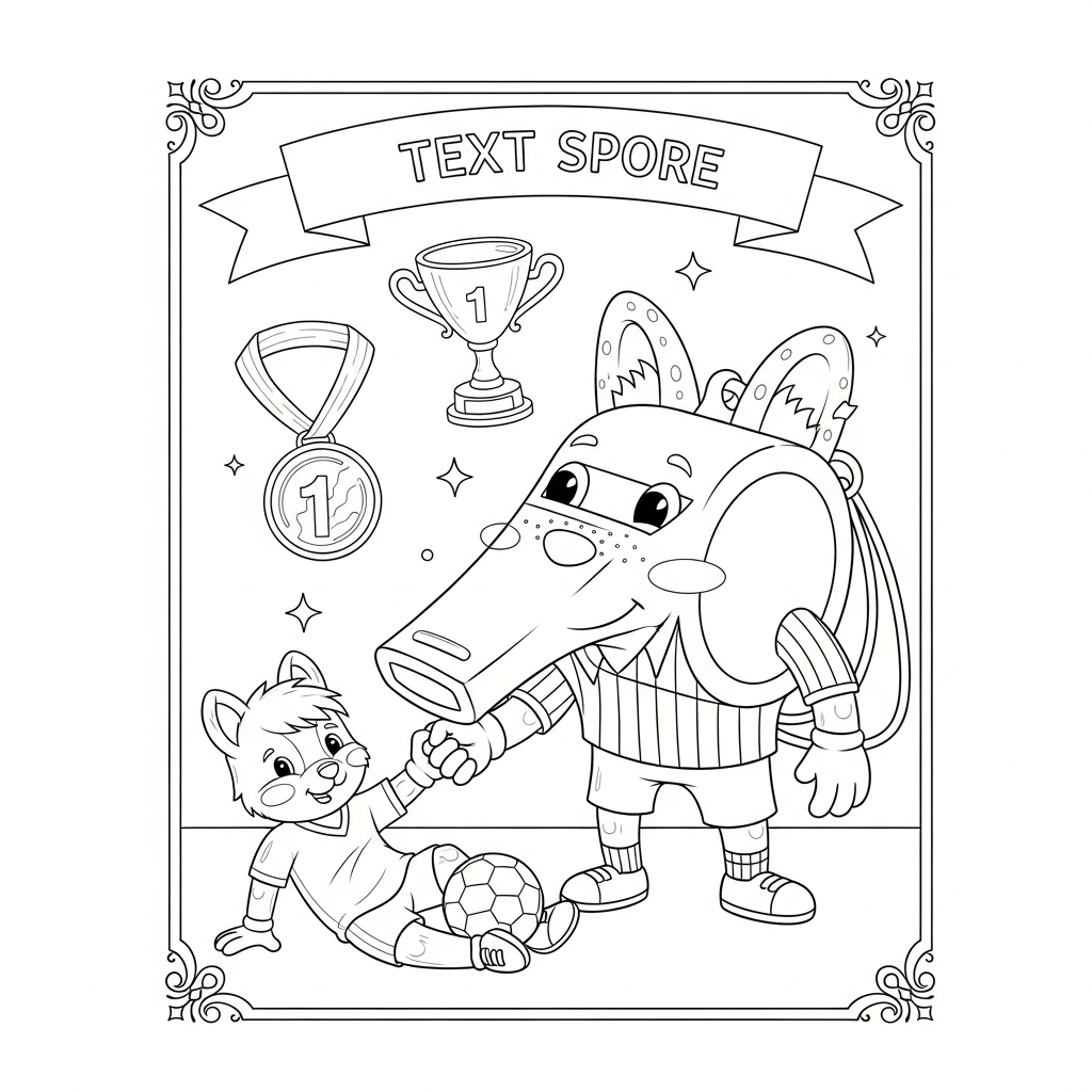 Desenho de apito-árbitro para colorir ajudando adversário a levantar com troféu e medalha