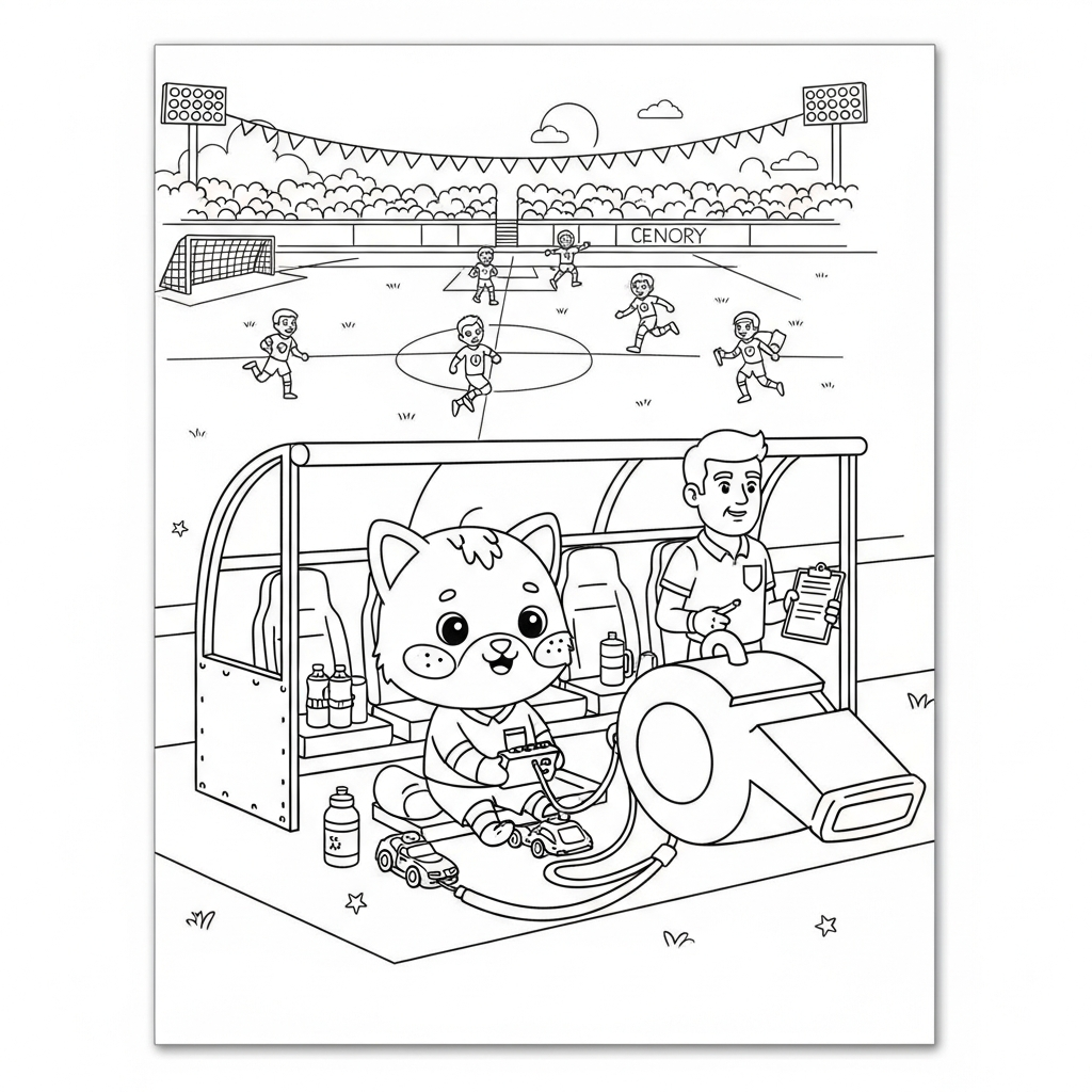 Desenho de apito arbitro para colorir brincando com carrinho no banco de reservas coberto.