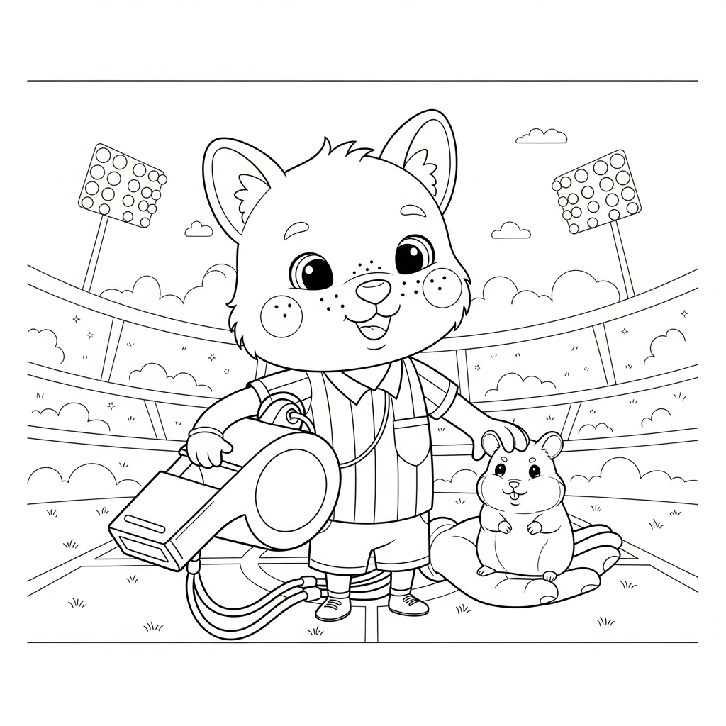 Desenho de apito arbitro para colorir brincando com hamster ao amanhecer no campo vazio.
