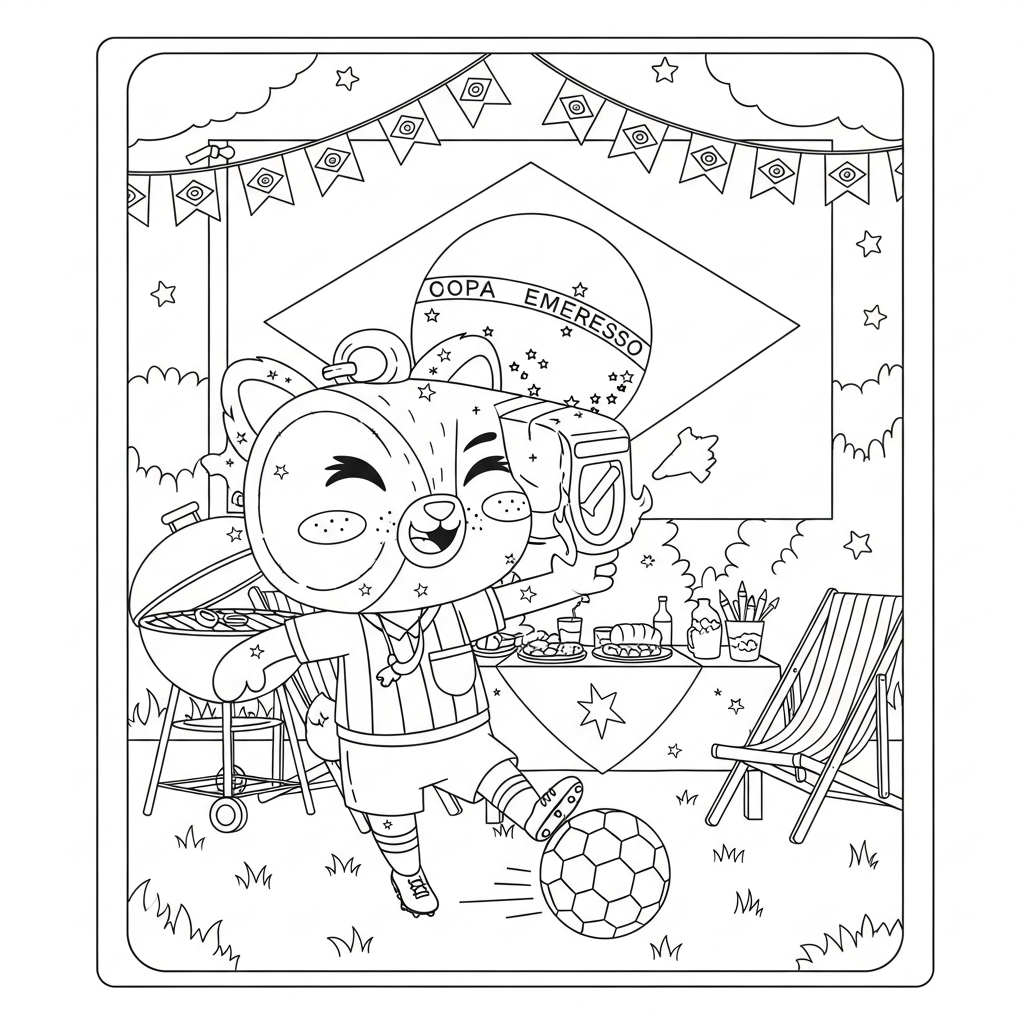 Desenho de apito arbitro para colorir batendo pênalti decisivo em churrasco brasileiro no quintal.