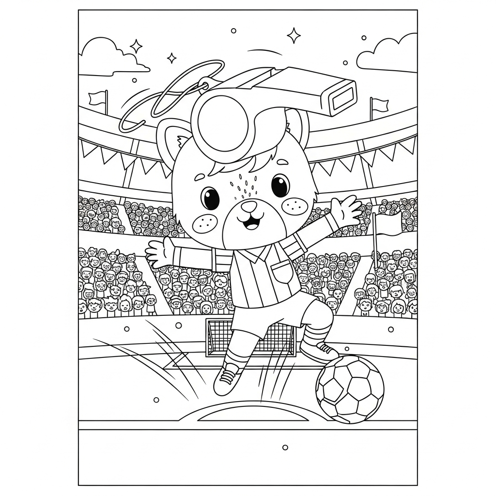 Desenho de apito-árbitro para colorir protegendo gol na linha em estádio lotado