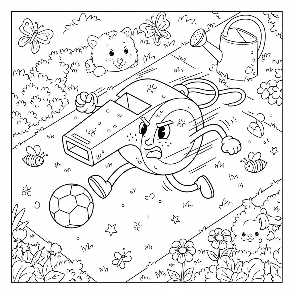 Desenho de apito arbitro para colorir correndo contra contra-ataque em jardim florido com abelhas