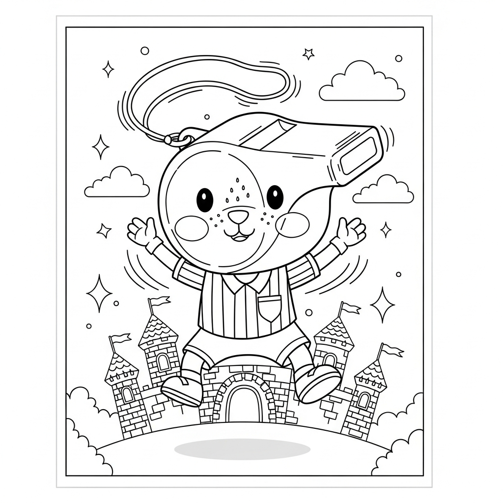 Desenho de apito arbitro para colorir fazendo polichinelo diante de castelo de conto de fadas