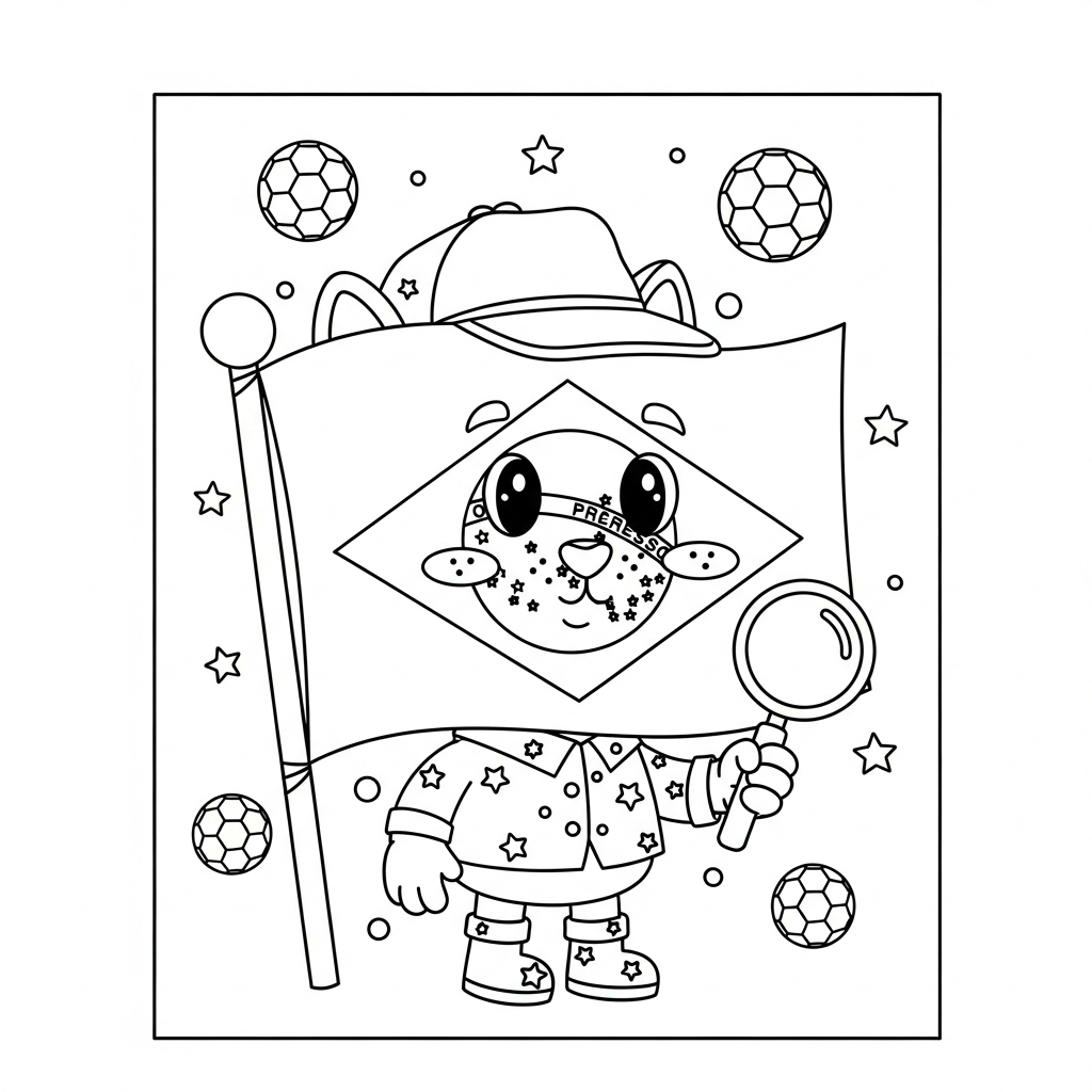 Desenho de bandeira do brasil para colorir vestida de detetive com lupa, bolas de futebol e estrelas.