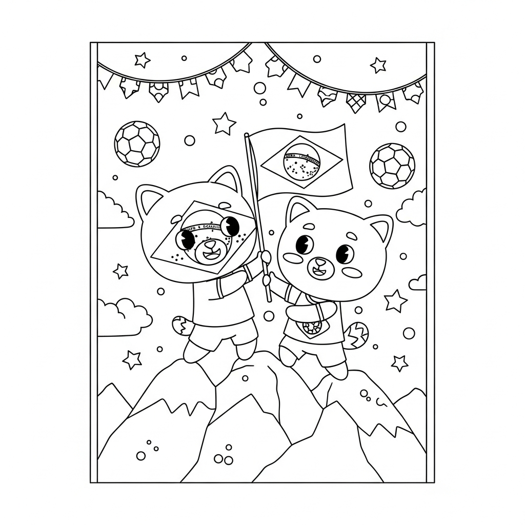 Desenho de bandeira do brasil para colorir plantando bandeira no topo da montanha com bolas de futebol e estrelas