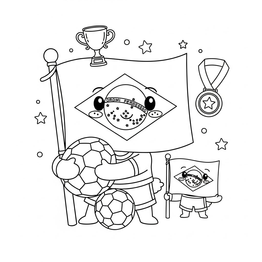 Desenho de bandeira do brasil para colorir protegendo a bola com troféu e medalha.