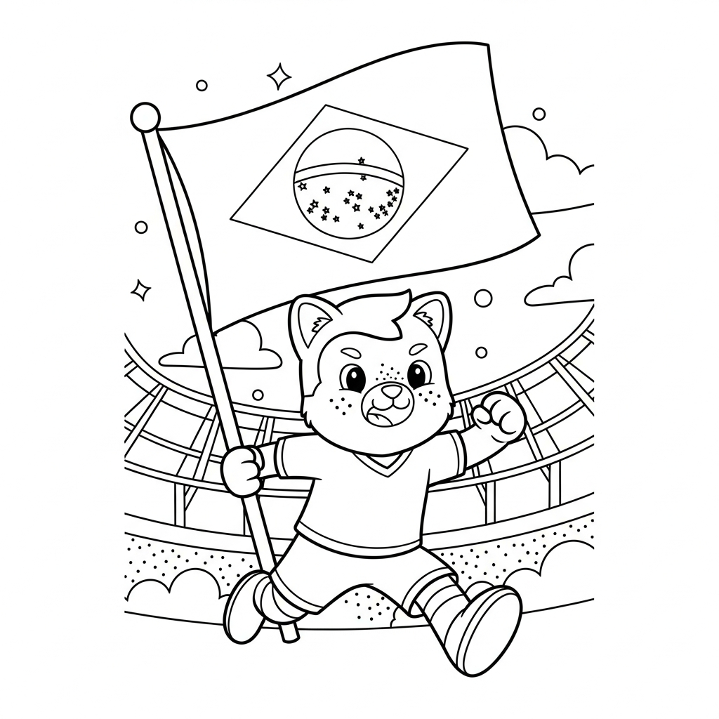 Desenho de bandeira do brasil para colorir correndo para defender contra-ataque com estrelinhas e corações