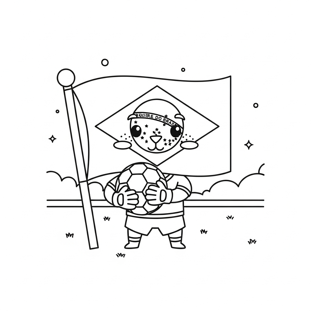 Desenho de bandeira do brasil para colorir segurando bola no peito com troféu e medalha