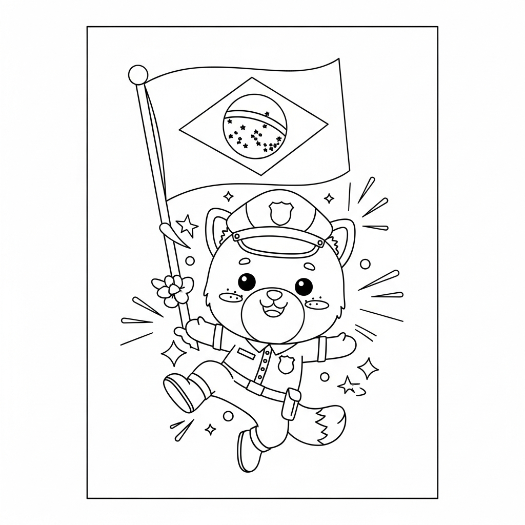 Desenho de bandeira do brasil para colorir vestido de policial com distintivo no pódio da Copa.