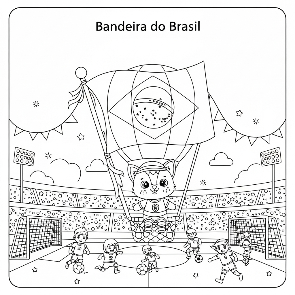 Desenho de bandeira do brasil para colorir passeando de balão sobre estádio lotado