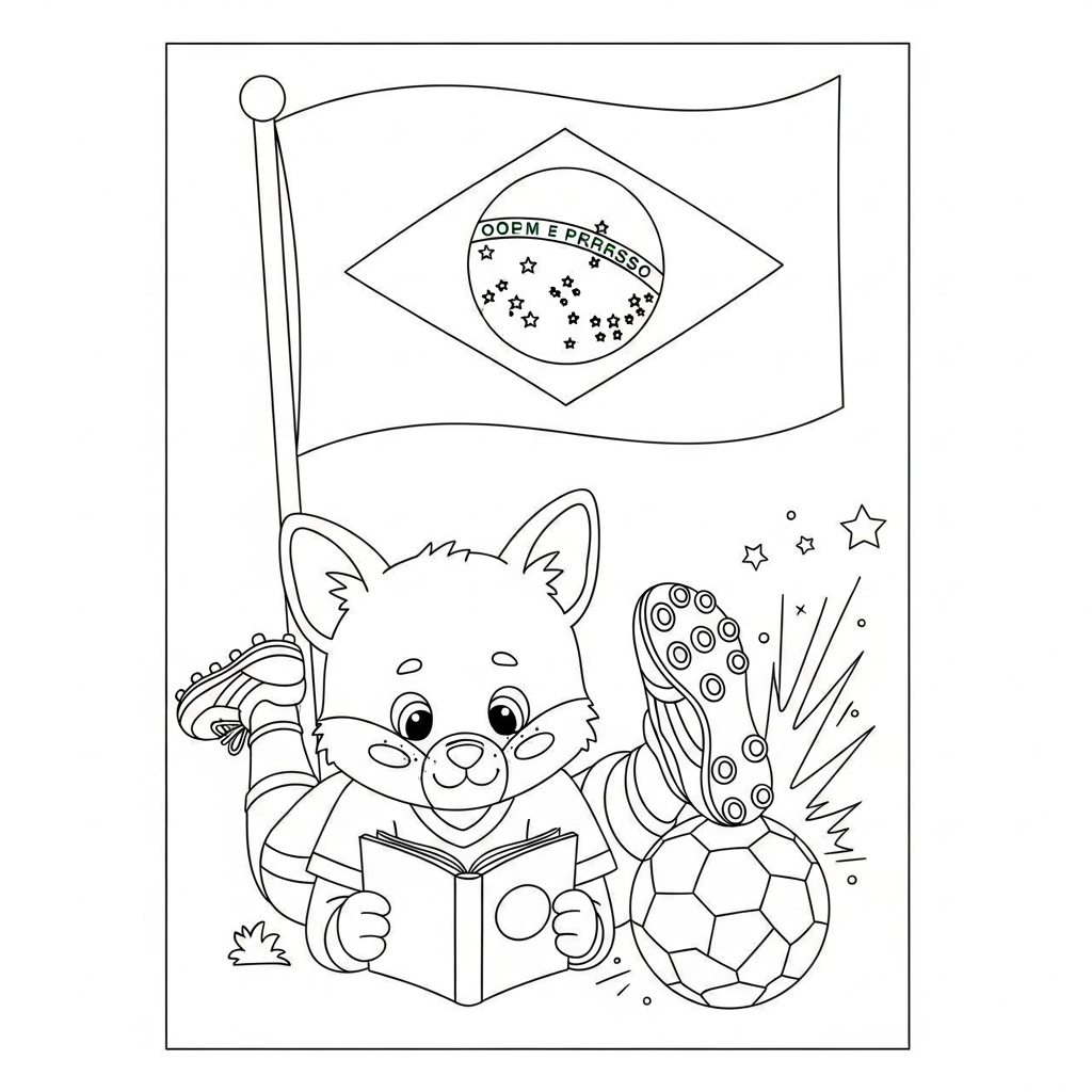 Desenho de bandeira do brasil para colorir deitado lendo em campo gramado vazio.