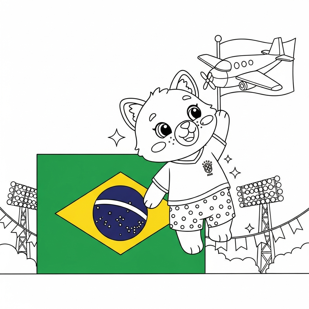 Desenho de bandeira do brasil para colorir brincando com aviãozinho na cozinha com forno e panelas.