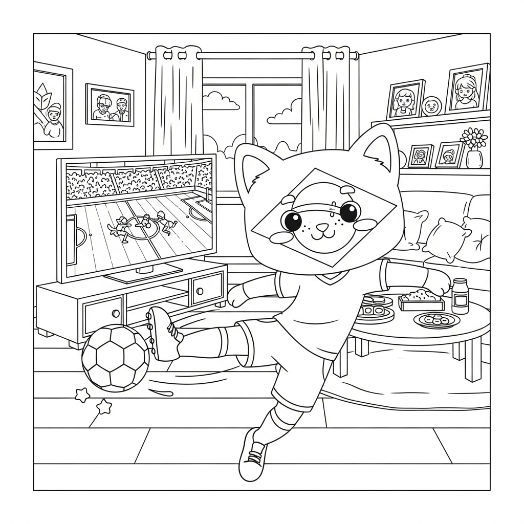 Desenho de bandeira do brasil para colorir chutando bola com força na sala com TV grande