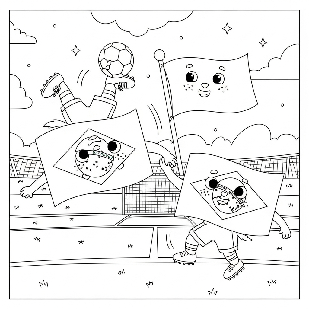 Desenho de bandeira do brasil para colorir chutando de bicicleta no campo com gols ao fundo