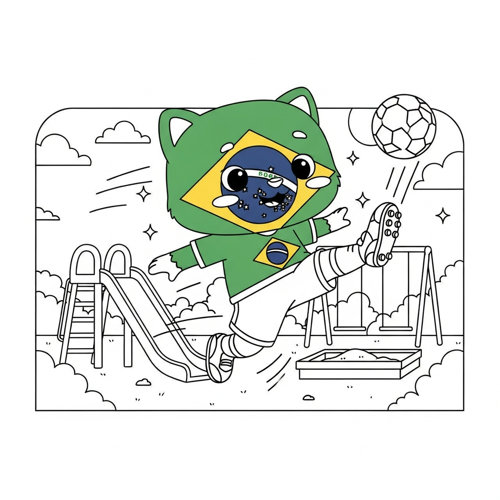Desenho de bandeira do brasil para colorir chutando bola por cobertura no playground com escorregador.