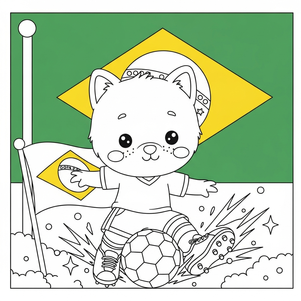 Desenho de bandeira do brasil para colorir protegendo a bola em praça com telão gigante.