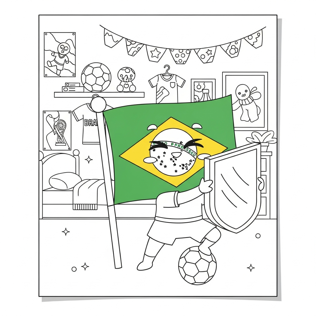 Desenho de bandeira do brasil para colorir bloqueando chute no quarto com pôsteres futebol.