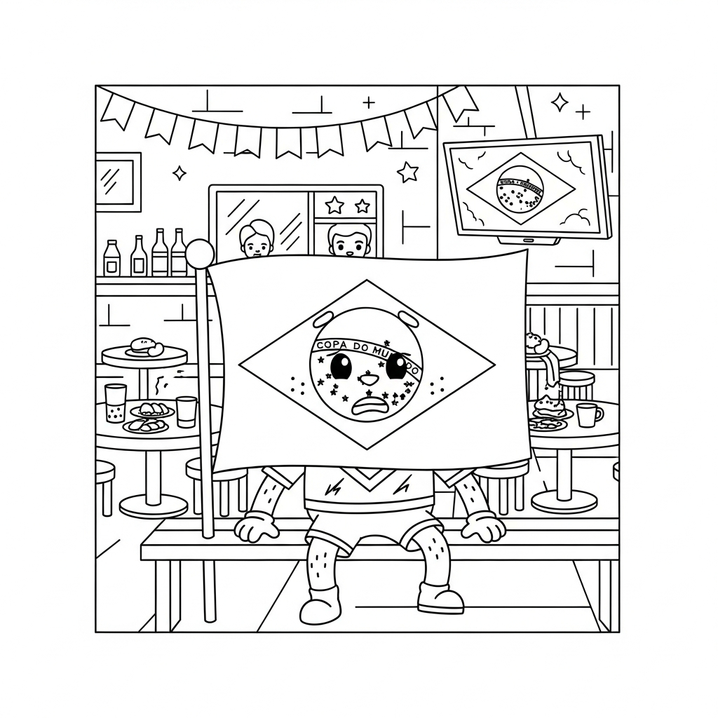 Desenho de bandeira do brasil para colorir aguardando entrada em campo em lanchonete com TV