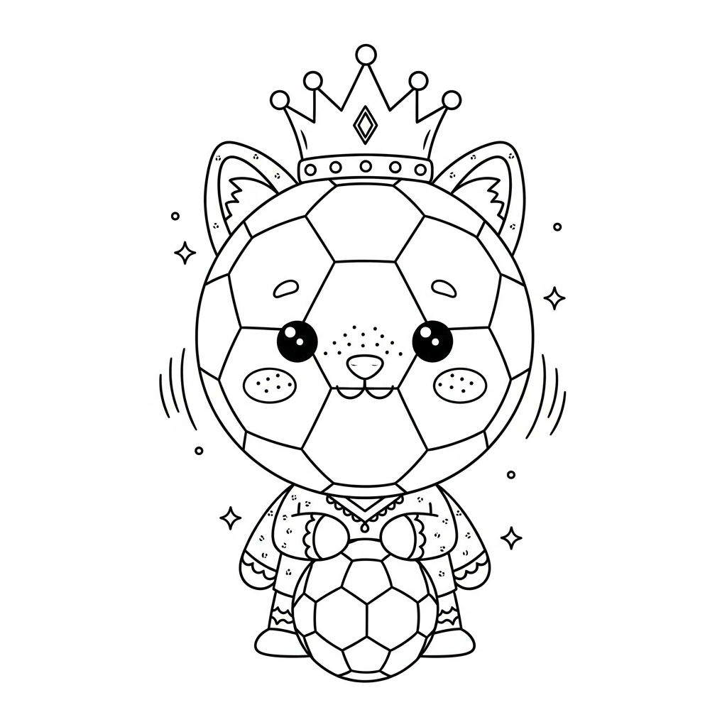 Desenho de bola de futebol para colorir vestida de rainha no trono com cetro pequeno