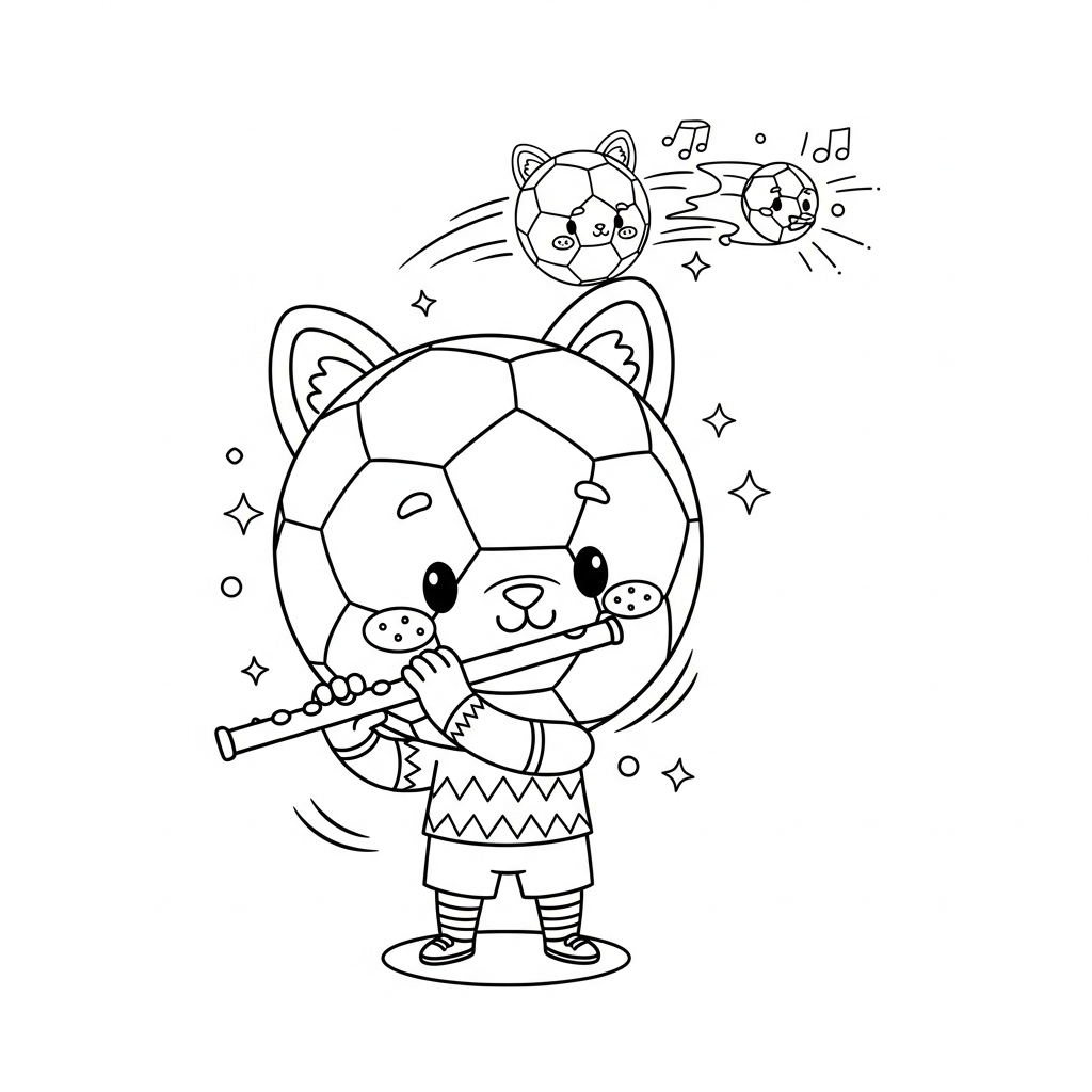 Desenho de bola de futebol para colorir tocando flauta de pé com bandeirinhas flutuando