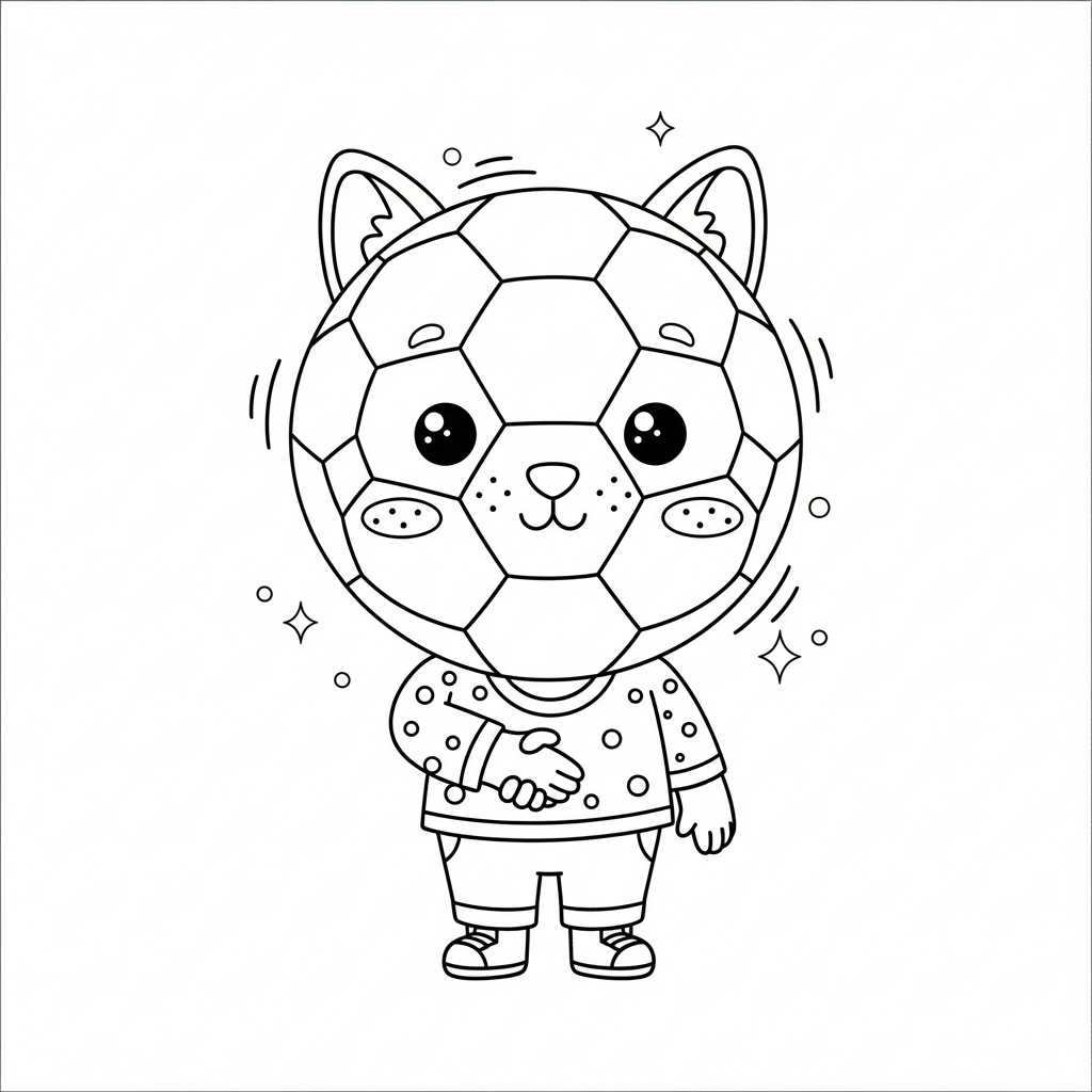 Desenho de bola de futebol para colorir cumprimentando com aperto de mãos, estrelinhas e corações.