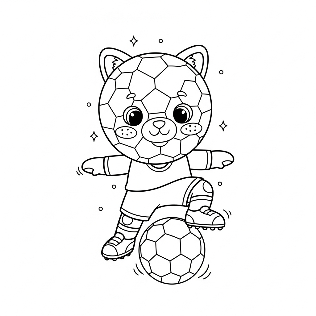 Desenho de bola de futebol para colorir pedalando sobre a bola com troféu e medalha.