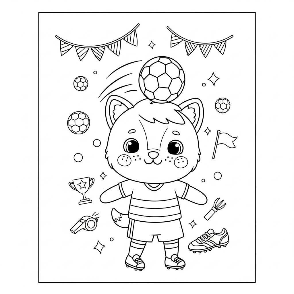 Desenho de bola de futebol para colorir com chapéu e bandeirinhas de festa flutuando