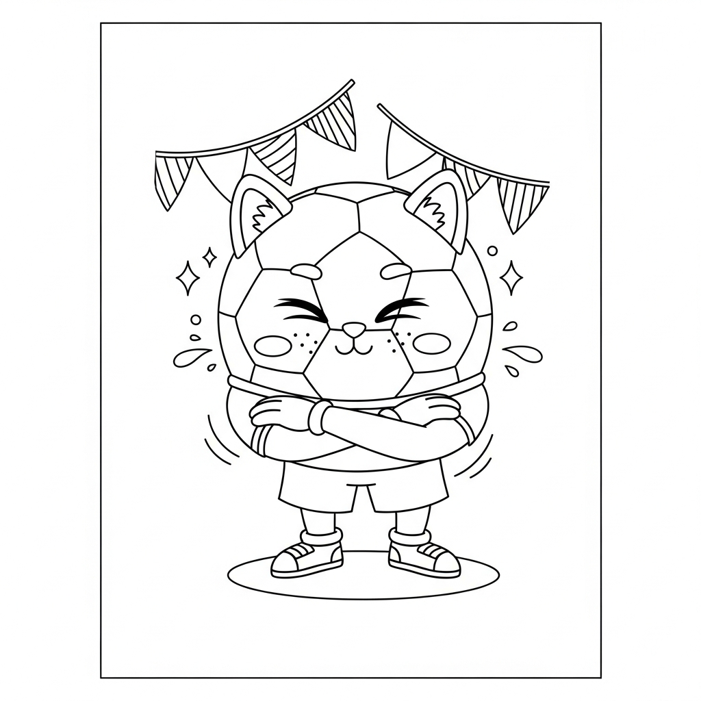 Desenho de bola de futebol para colorir formando barreira de falta com bandeirinhas flutuando