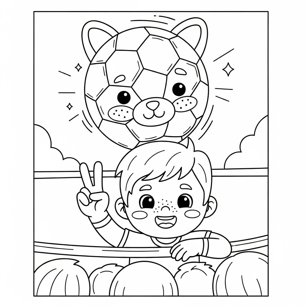 Desenho de bola de futebol para colorir mostrando três dedos de hat-trick com apito pequeno.