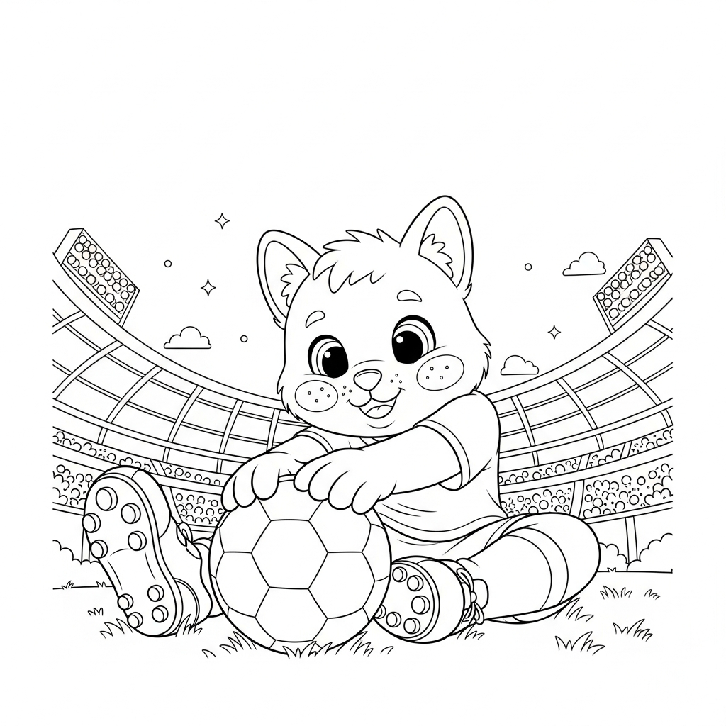 Desenho de bola de futebol para colorir alongando a perna sentada com estrelinhas e corações.