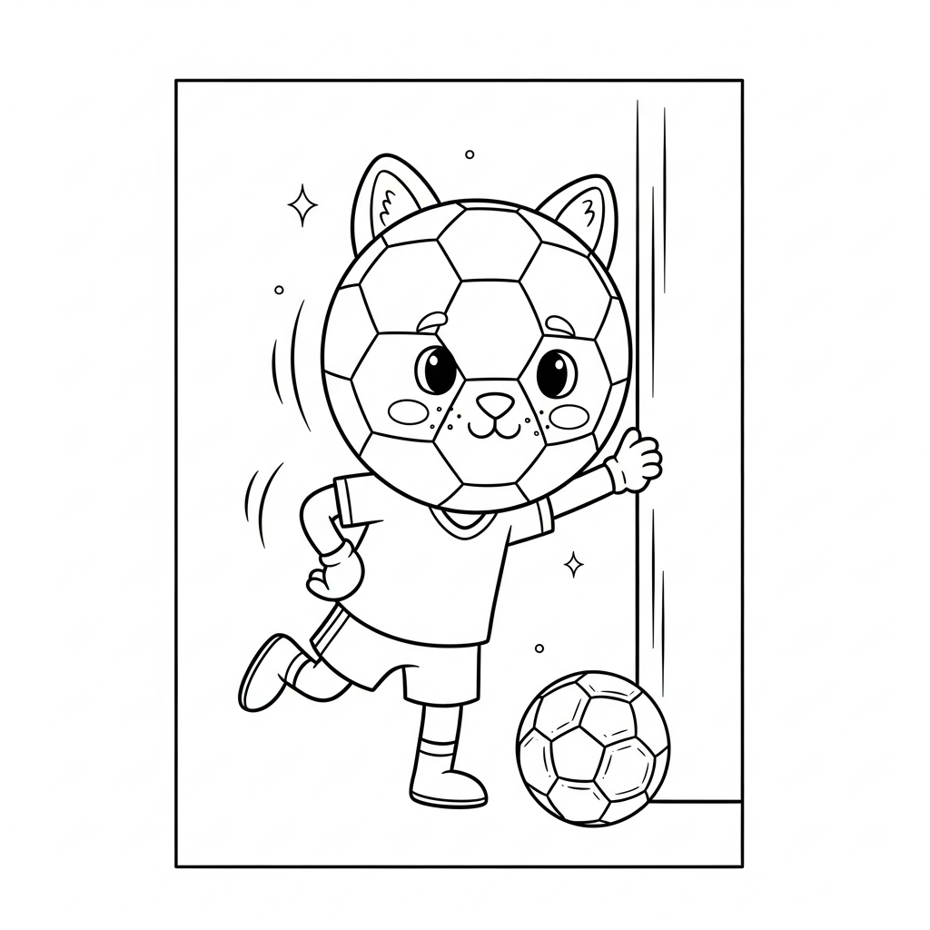 Desenho de bola de futebol para colorir alongando apoiado na trave com estrelinhas e corações